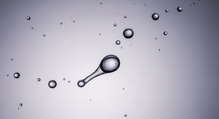 Close-up of small, transparent liquid droplets, one distinctly elongated, floating in a clear, viscous medium.の素材