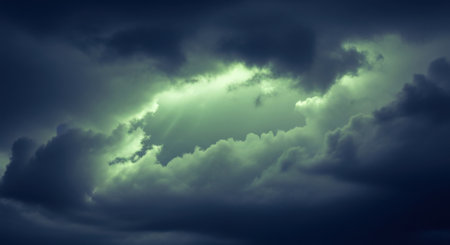 A surreal, ethereal opening in dark storm clouds, illuminated by a vibrant, otherworldly green light.の素材