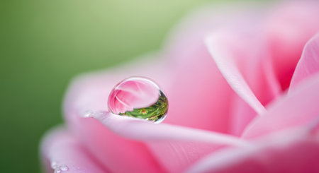 A tiny dewdrop magnifies a delicate pink flower and green grass, resting on a soft pink petal.の素材
