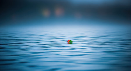 A small, colorful object rests on the surface of calm, blue water, creating a peaceful and minimalist scene.の素材