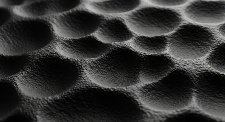 A striking black and white macro image revealing a deeply textured surface with a repeating pattern of raised circular forms.の素材
