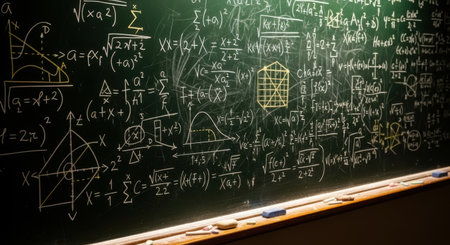 A detailed chalkboard filled with intricate mathematical formulas, graphs, and diagrams, illuminated by a warm light, with a wooden chalk tray at the bottom.の素材