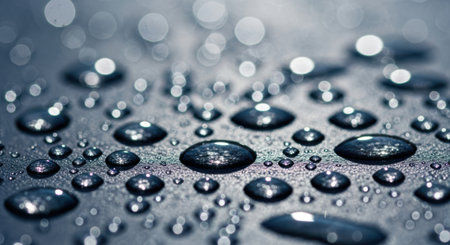 Macro photography captures the intricate details of water droplets on a reflective, textured surface, creating a mesmerizing abstract pattern.の素材