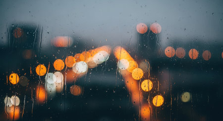 Blurred city lights at night seen through a window covered in raindrops, creating a dreamy bokeh effect.の素材