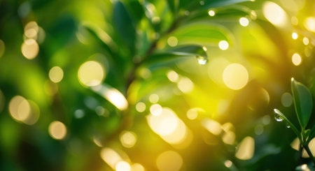 Soft golden bokeh lights shimmer and float around vibrant green foliage, creating a dreamy, ethereal atmosphere in a sun-drenched natural setting.の素材