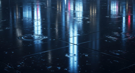 Abstract reflections of neon lights shimmer and distort on a wet, dark city street at night, creating a moody, atmospheric scene.の素材