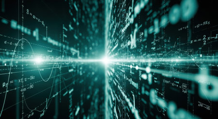 A futuristic digital tunnel with glowing green lines and data streams, leading to a bright light.の素材