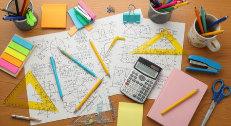 A desk covered with math papers, colorful pens, pencils, rulers, a calculator, and sticky notes, suggesting study time.の素材
