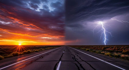 A stark visual contrast shows a vibrant sunset on one side and a powerful lightning storm on the other, bisecting a desolate highway.の素材