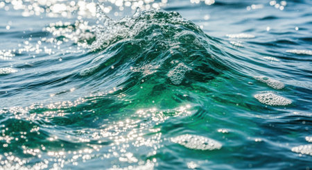 A dynamic close-up captures the energy of a green ocean wave as it breaks, with sunlight creating a dazzling effect on the water.の素材