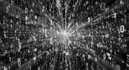 A dynamic, abstract visualization of digital information flowing outwards from a central luminous source, creating a sense of data explosion.の素材