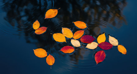 A collection of colorful fallen autumn leaves drift on a dark, still body of water, reflecting the sky above.の素材