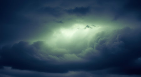 A powerful beam of light pierces through a turbulent, dark sky, illuminating the clouds with an otherworldly glow.の素材