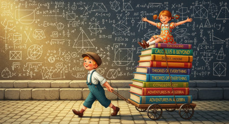 A boy pulls a cart with a girl perched on a tall stack of books, with a chalkboard background.の素材