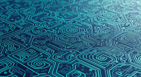 A close-up, abstract view of a blue and teal circuit board with geometric and swirling patterns, suggesting advanced technology.の素材