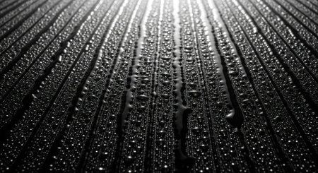 Close-up, high-contrast black and white image of numerous small water droplets on a ribbed or grooved surface, with light shining from above.の素材