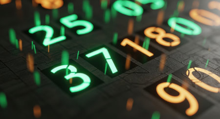 A detailed shot of luminous numbers, some green and some orange, scattered across a dark surface with subtle light effects.の素材