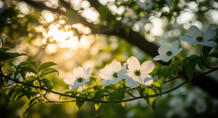 Close-up of white dogwood blossoms bathed in golden sunlight, with soft bokeh in the background.の素材