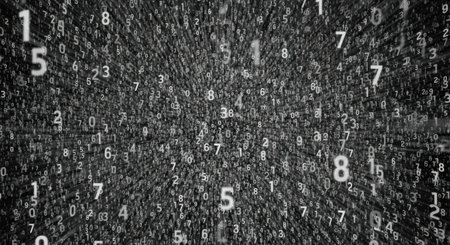 A monochrome abstract image with a multitude of numbers creating a sense of digital noise and information overload.の素材
