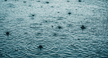 Raindrops fall onto a tranquil body of water, generating expanding circular ripples across its surface.の素材