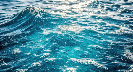 Detailed view of turbulent blue water with white foam and shimmering sunlight creating a mesmerizing aquatic texture.の素材