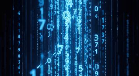 A dark background with glowing blue digital numbers and vertical lines creating a sense of data flow and technology.の素材