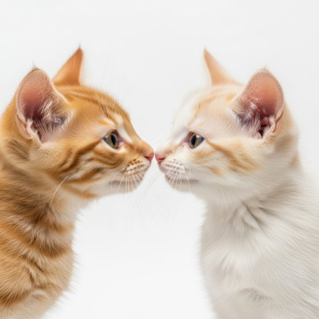 A close-up profile view of two young cats, one orange tabby and one cream colored, touching noses against a clean white background.の素材