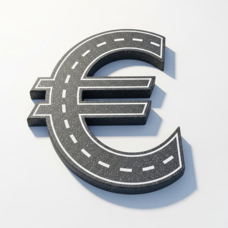 A three dimensional euro symbol designed to resemble a road with clear lane markings, presented isolated on a clean white background.の素材
