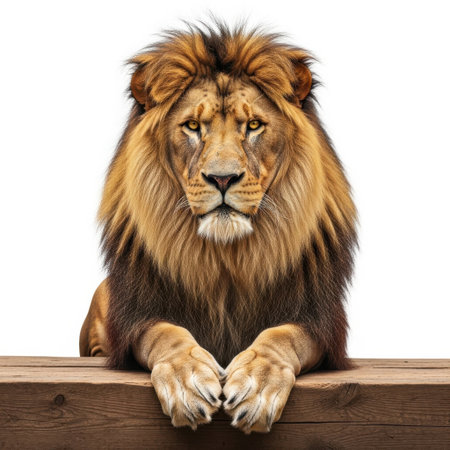 A powerful male lion with a magnificent mane is depicted lying down on a wooden surface, presented in isolation on a clean white background.の素材
