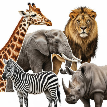 A collection of iconic African safari animals, including an elephant, lion, giraffe, zebra, and rhinoceros, presented isolated on a white background.の素材