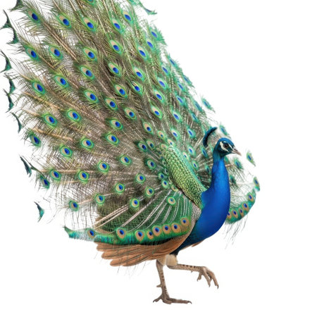 A stunning male peacock with its magnificent fanned tail feathers is captured in motion, isolated on a clean white background.の素材