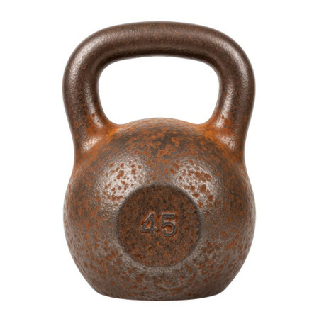A single, rustic cast iron kettlebell with a worn finish and a clear weight indication, isolated on a plain white background.の素材