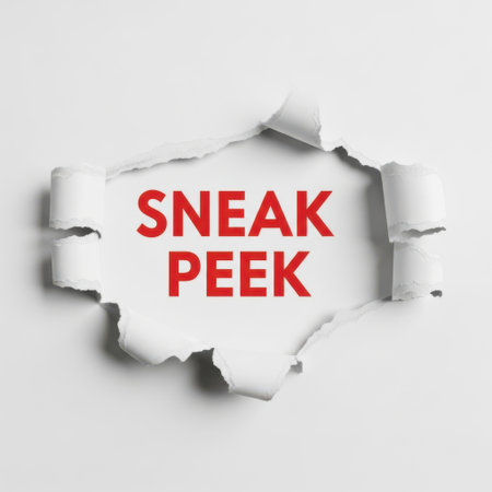 A dynamic image featuring the words SNEAK PEEK in bold red letters appearing through a torn opening in textured white paper. Perfect for generating anticipation and interest.の素材