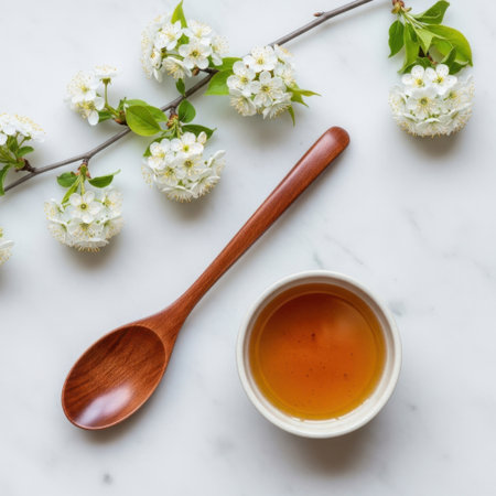 A close-up overhead view showcases a small white bowl filled with golden honey tea. A wooden spoon rests nearby alongside a delicate branch adorned with small white flowers, evoking a sense of natural sweetness and comfort.の素材