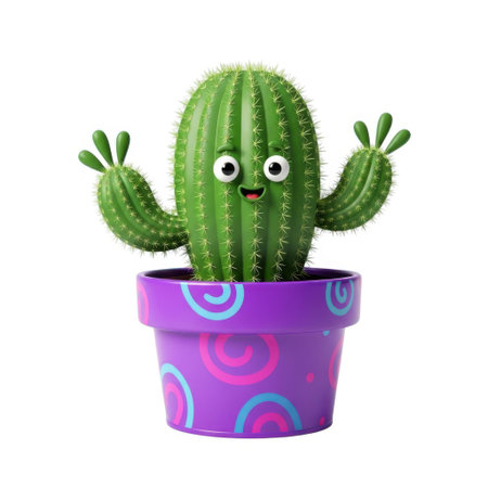A charming animated cactus with a friendly face and outstretched arms sits in a vibrant purple pot, presented on a clean white background.の素材