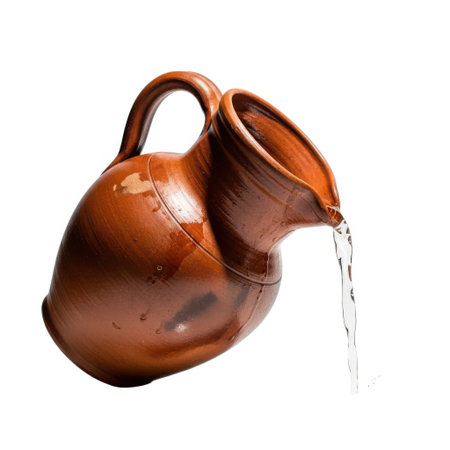 A vintage-style terracotta jug is depicted, with a stream of clear liquid flowing from its spout against a stark white backdrop.の素材