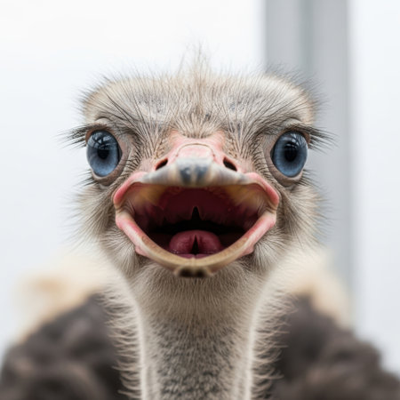 This image captures the comical expression of an ostrich. Its wide-open beak and large, staring eyes convey a sense of surprise or shock, making for a humorous and engaging visual.の素材