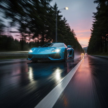 A vibrant blue sports car streaks down a wet road as twilight descends. Reflections shimmer on the asphalt, illuminated by the car's bright headlights and distant streetlights.の素材