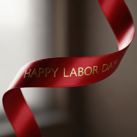 A close-up of a vibrant red ribbon unfurling. The ribbon is elegantly imprinted with golden text wishing a Happy Labor Day, inviting celebratory themes.の素材