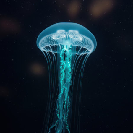 A mesmerizing jellyfish glows with ethereal blue and green light as it drifts through the dark ocean depths. Its delicate tentacles trail behind, creating a captivating display of marine bioluminescence.の素材