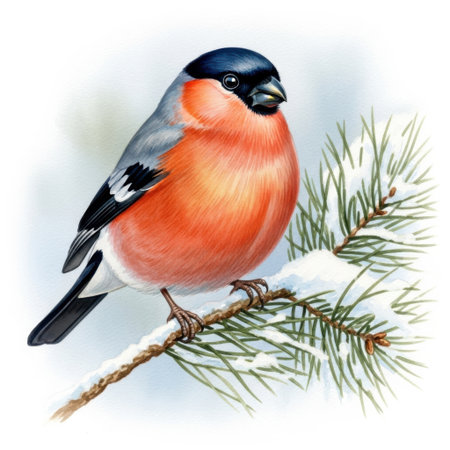 A stunning close-up captures a male bullfinch with its brilliant red breast and black cap, perched delicately on a snow-dusted pine branch. This image showcases the beauty of winter avian life.の素材
