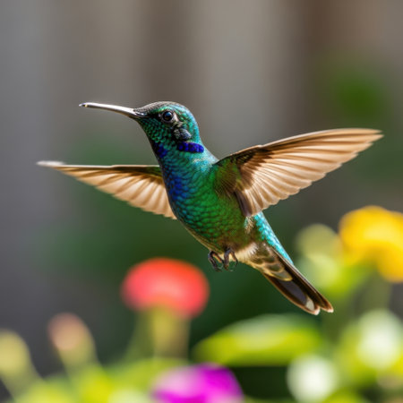 A stunning close-up captures a jewel-toned hummingbird suspended in flight, its iridescent feathers shimmering against a backdrop of soft-focus garden blossoms, showcasing nature's delicate beauty.の素材