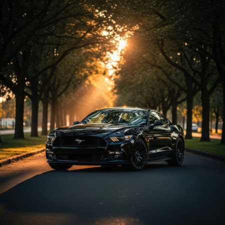 Experience the allure of nighttime driving as a stunning black Ford Mustang navigates a softly lit avenue. The dramatic lighting enhances its powerful silhouette and sleek design.の素材