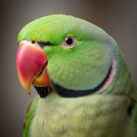 A stunning, detailed close-up of a male Ringneck Parrot showcasing its lush green plumage, striking red beak, and alert expression. This feathered friend is ready to capture attention.の素材