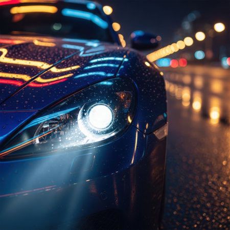 Experience the thrill of night driving with this dynamic image showcasing a sports car's bright headlights cutting through the rain. Neon city lights create vibrant reflections on the wet road.の素材