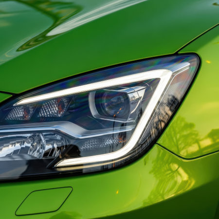 An abstract, detailed shot focusing on the intricate design of a modern car's LED headlight, showcasing its sleek lines against the glossy, vibrant green metallic paintwork.の素材