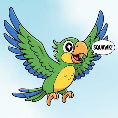 A lively green parrot with bright blue wingtips joyfully flies with its wings spread wide. This charming cartoon bird seems to be calling out a cheerful 'Squawk!'の素材