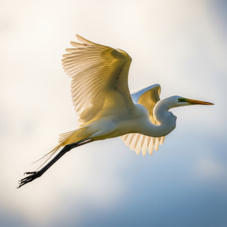 A stunning image of a white egret in mid-flight with its wings outstretched against a soft, cloudy sky. The bird's elegant form and delicate details are captured beautifully.の素材