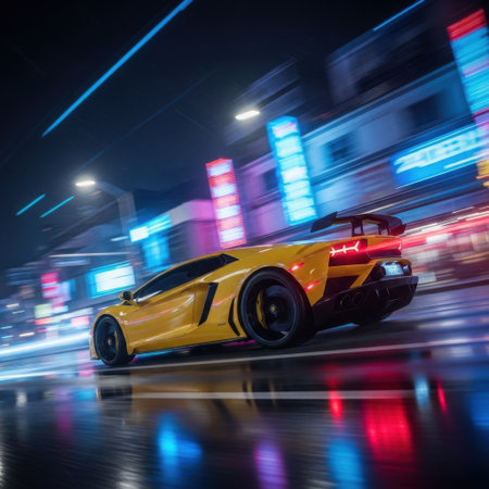 A sleek yellow supercar races through a vibrant, neon-drenched city at night. Rain slicks the streets, reflecting the dazzling lights and creating a dynamic sense of speed and energy.の素材