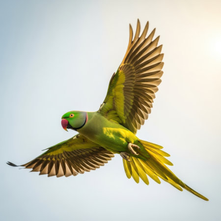 A vibrant green Indian Ringneck parrot gracefully flies, wings spread wide against a soft, hazy sky. The bird's intricate feather detail and agile movement are showcased in this stunning avian photograph.の素材